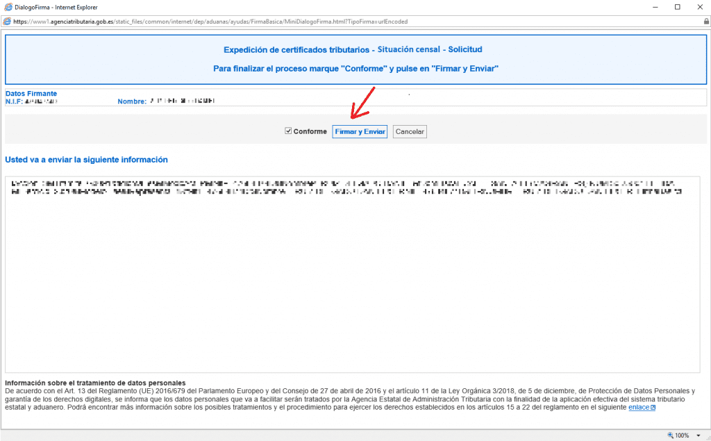 Conformidad con los datos en la solicitud del Certificado Situación Censal.
