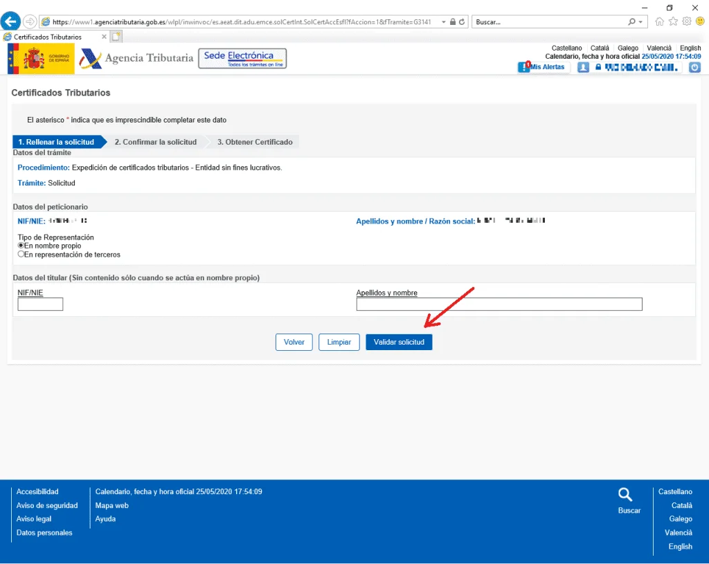 Rellenar los datos en la solicitud del Certificado de Entidad sin fines lucrativos.