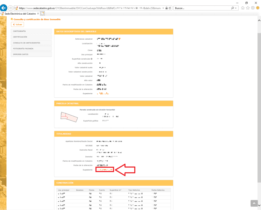 Consultar expediente de titularidad en el Catastro.